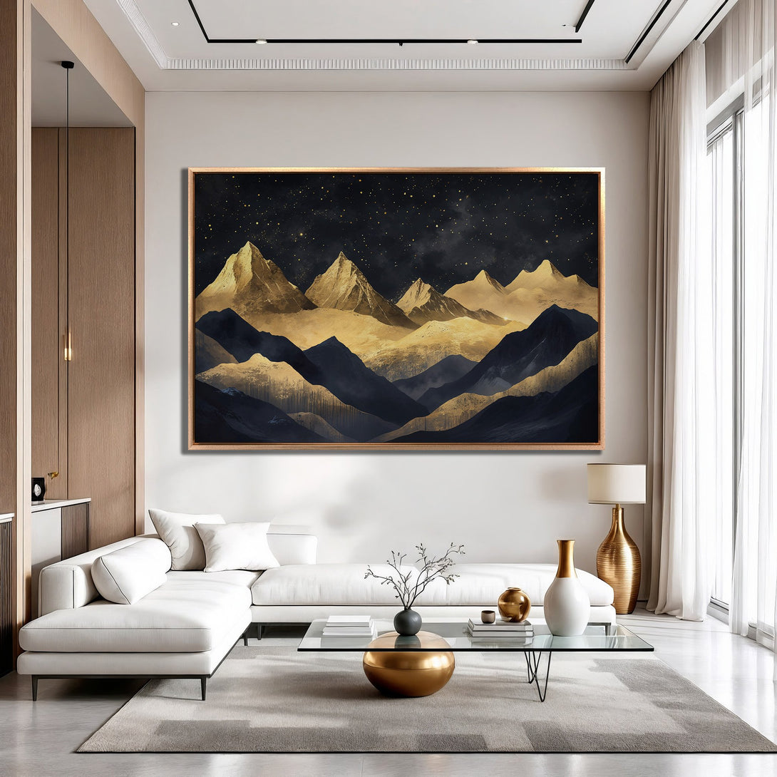 Framed Wall Art: Abstract mountain landscape in gold and navy, adding a touch of luxury to any interior. Elevate your space with this stunning canvas print!