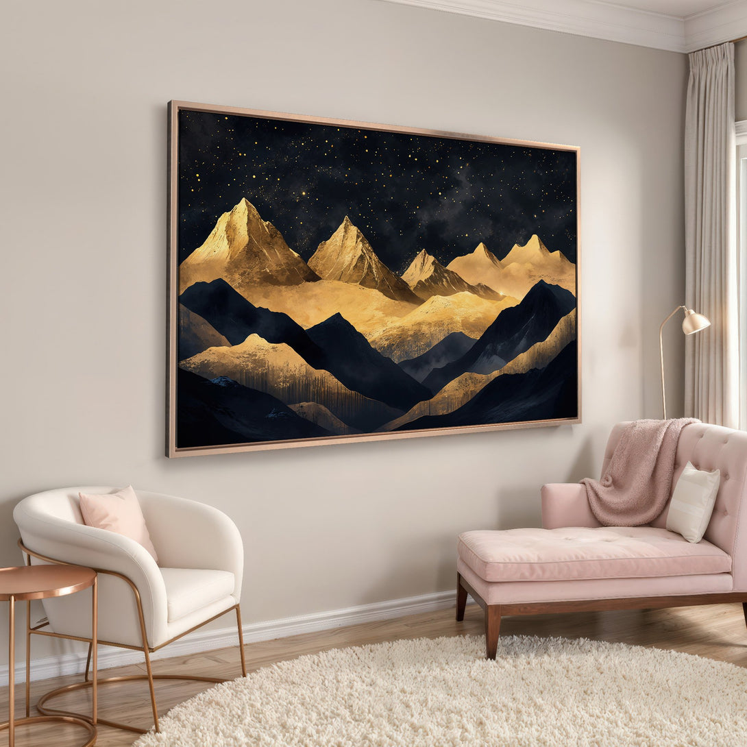 Framed Wall Art featuring a stunning abstract mountain landscape in gold and navy, perfect for adding a touch of elegance to any room.