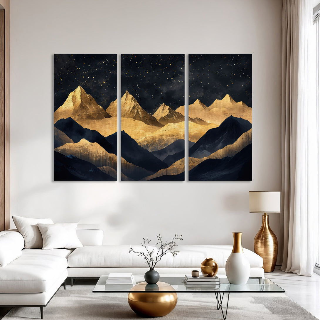 Canvas Print: Abstract mountain landscape art in gold and navy blue. Modern wall decor for living room.