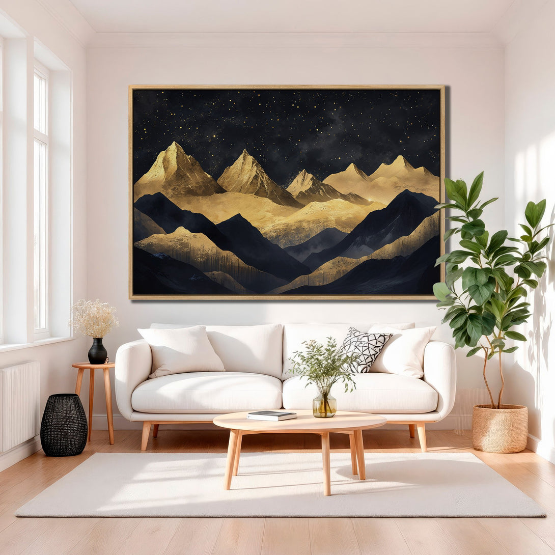 Framed Wall Art featuring a gold and navy mountain landscape. Modern abstract style with a luxurious, dark color palette. Perfect for living room decor.