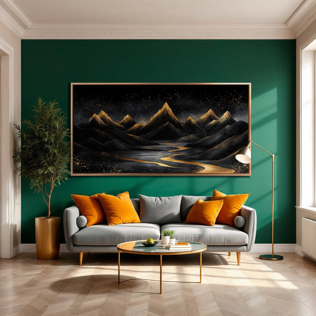 Framed Wall Art: Mountain landscape Canvas Print in gold and black, adding a touch of elegance to any room. Modern art for a stylish home.