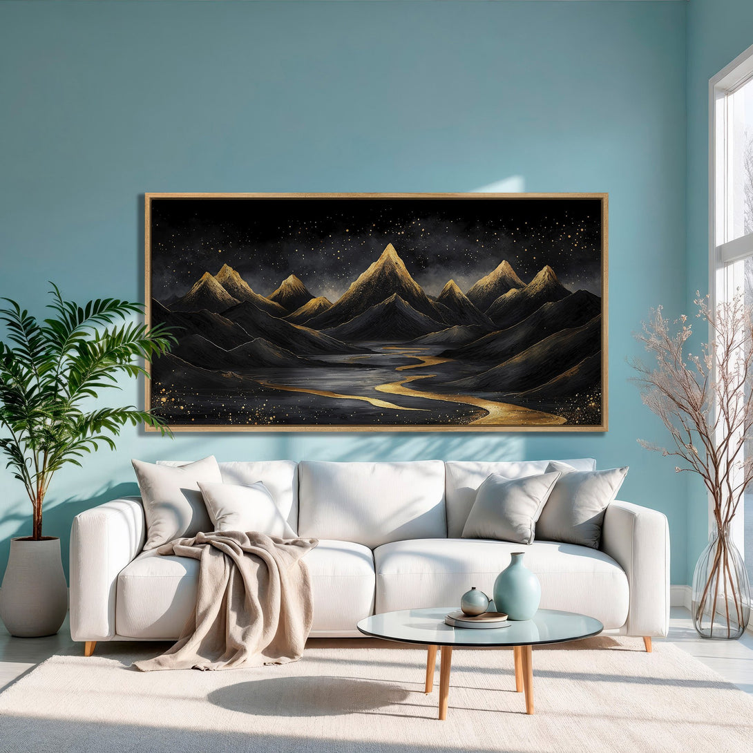 Framed Wall Art: Stunning mountain landscape Canvas Print in black and gold. Modern art for your home, featuring a dramatic, luxurious color palette.