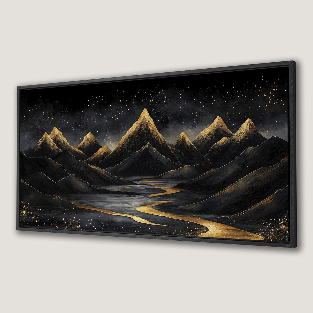 Framed Wall Art: Abstract mountain landscape Canvas Print in black and gold. Modern art for home decor.