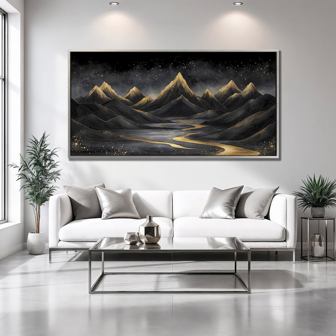 Framed Wall Art: Stunning black and gold mountain landscape canvas print. Modern art piece with a dramatic, luxurious color palette. Perfect for home decor.