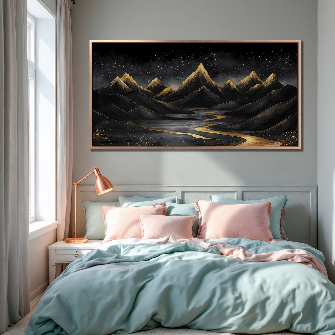 Framed Wall Art: Stunning mountain landscape canvas print with gold accents. Adds a touch of luxury to any bedroom decor, featuring a black & gold palette.