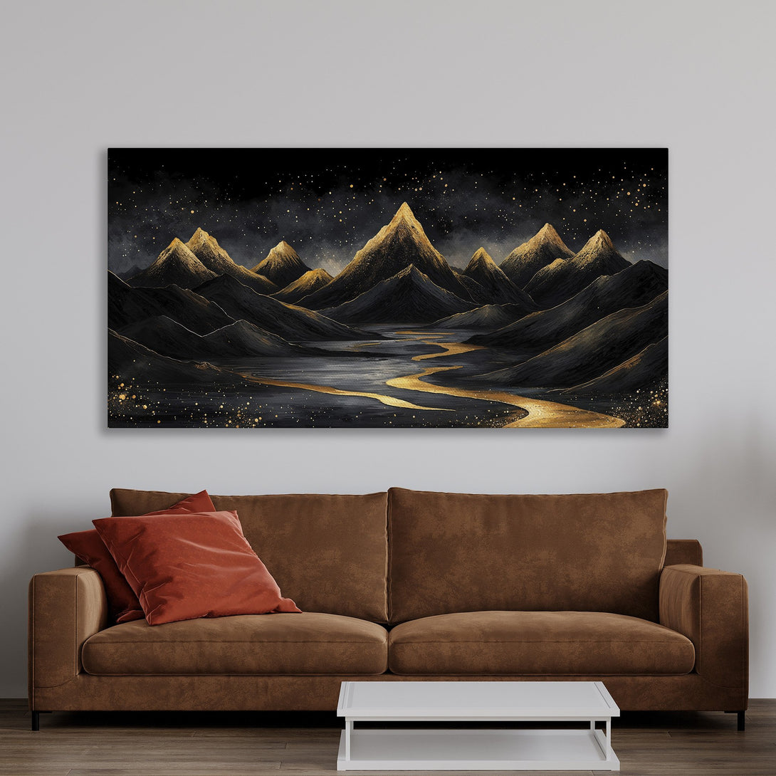 Framed Wall Art: Abstract mountain landscape Canvas Print in gold and black. Modern art decor with warm, inviting color palette.