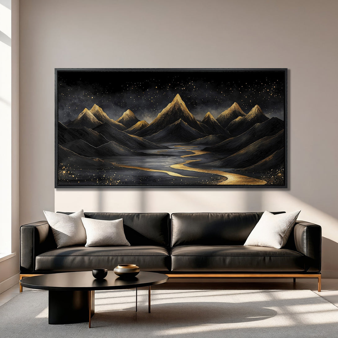 Framed Wall Art: Abstract mountain landscape in black, gold, and gray tones. Modern art canvas print for a sophisticated living room.