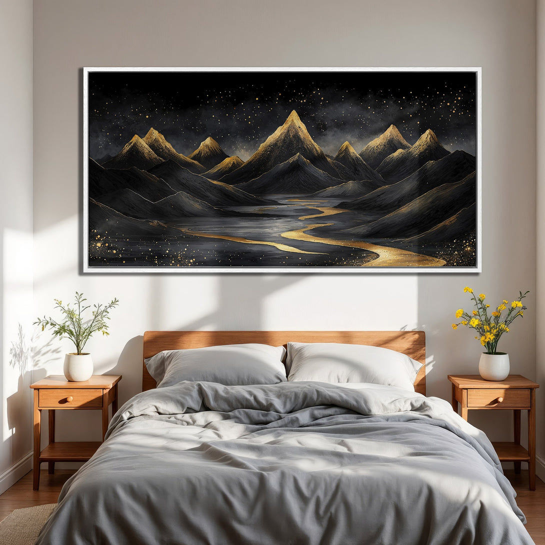Framed Wall Art: Stunning mountain landscape Canvas Print in black, gold, and gray. Modern art for bedroom decor. Elevate your space with this elegant piece.