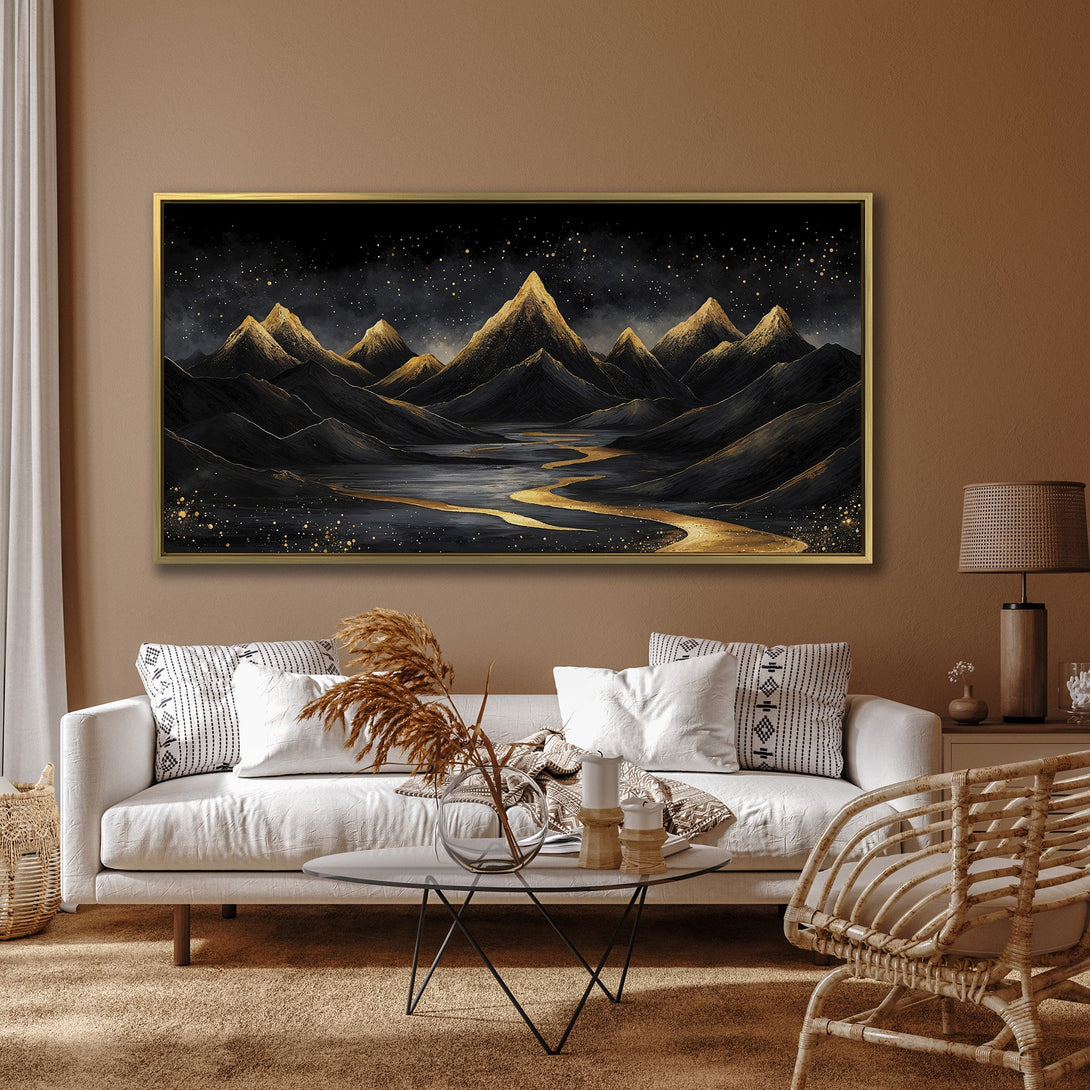Canvas Print of a mountain landscape in a watercolor style, with gold and black color palette. Modern wall art for home decor.