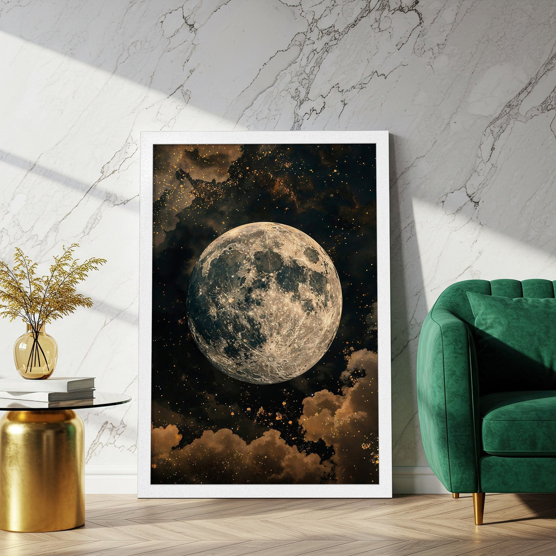 Framed Poster featuring a detailed moon in a dark, celestial style with a gold and brown color palette, perfect for any space.