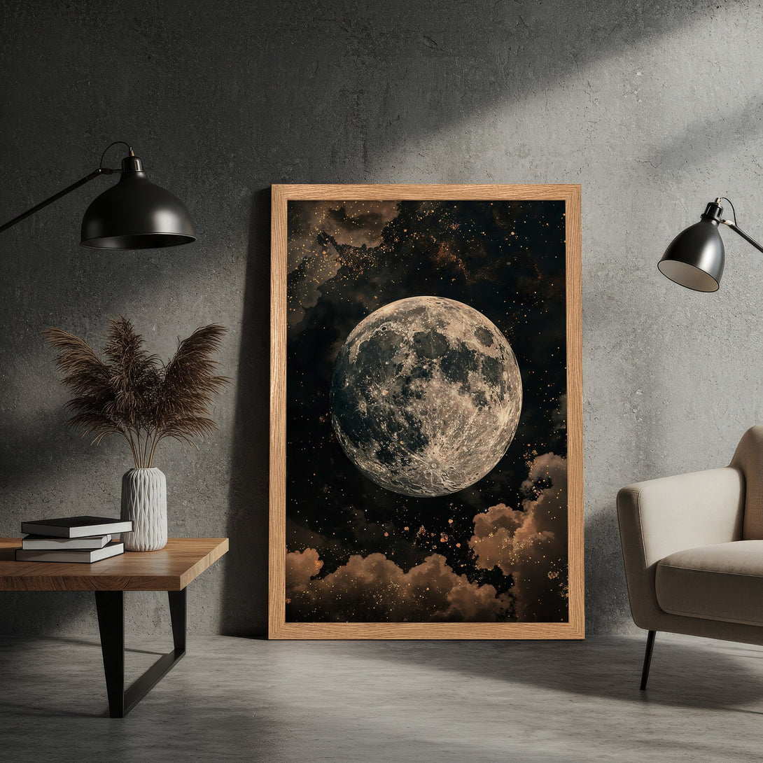 Framed Poster featuring a stunning moon art print. Dark, moody aesthetic with a celestial theme and warm brown tones. Perfect wall decor.