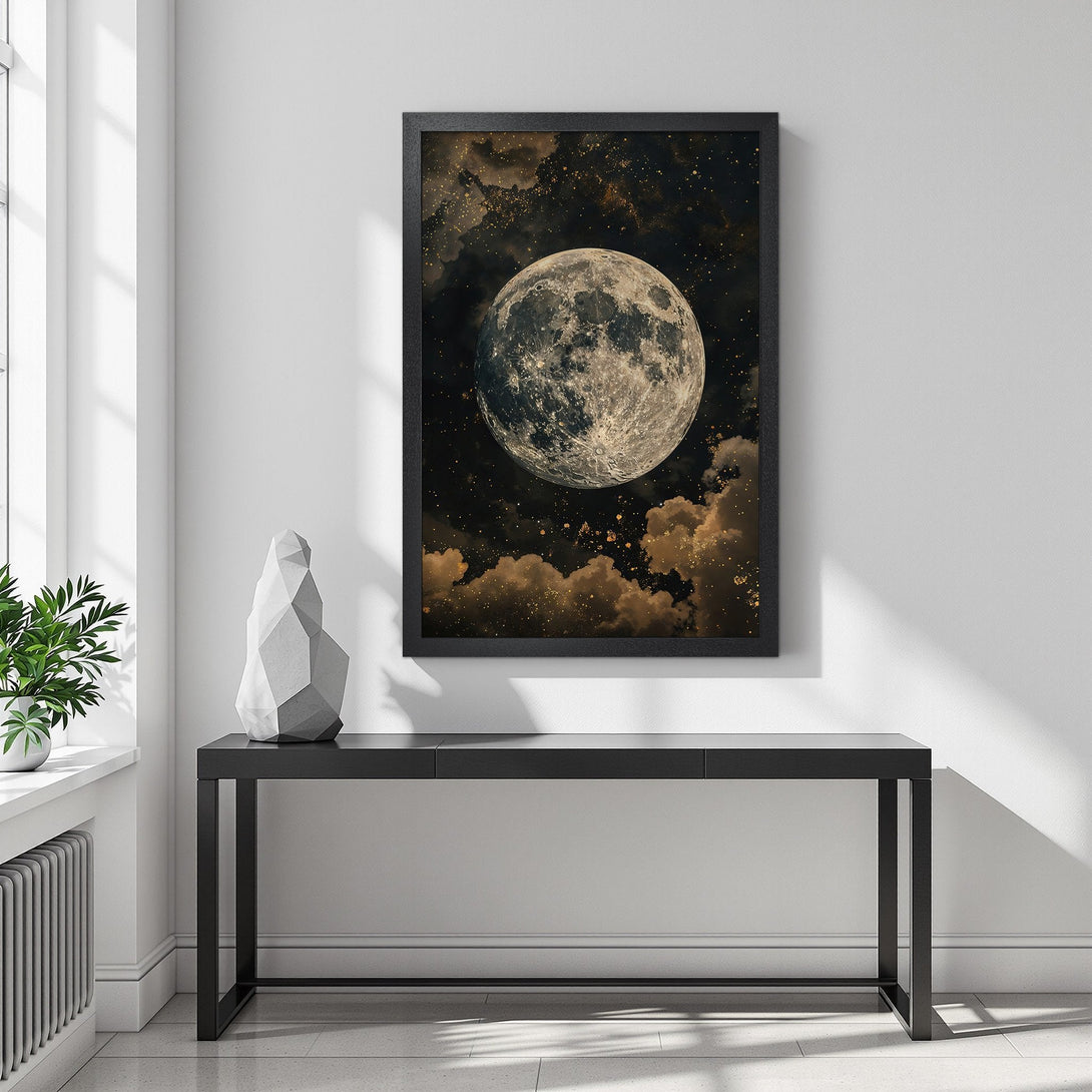 Framed Poster featuring a stunning moon in a dark, dreamy style with gold and black tones. Perfect wall art for any space.