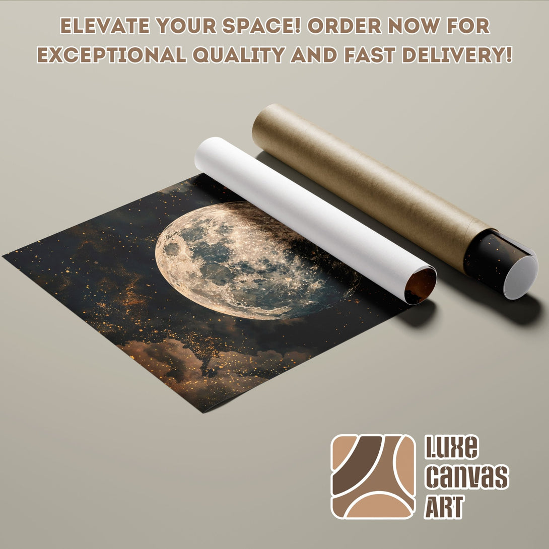 Poster Roll featuring a stunning moon and starry night art print. Dark, moody style with gold and black tones. Elevate your space!