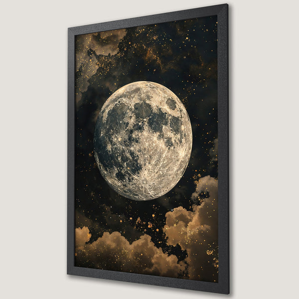 Framed Poster featuring a stunning moon in a dark, celestial style with a gold and black color palette. Perfect wall art!