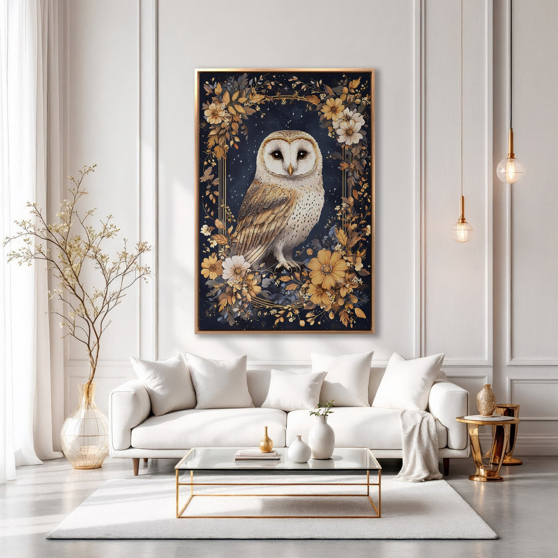 Framed Wall Art featuring a majestic owl in a floral design, displayed in a modern interior. Elegant artwork with a gold, navy, and cream color palette.