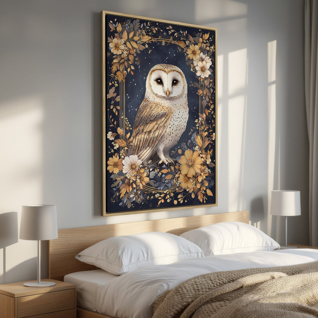 Framed Wall Art featuring a majestic owl in a floral design. Elegant, botanical style with a warm, earthy color palette. Perfect bedroom decor!