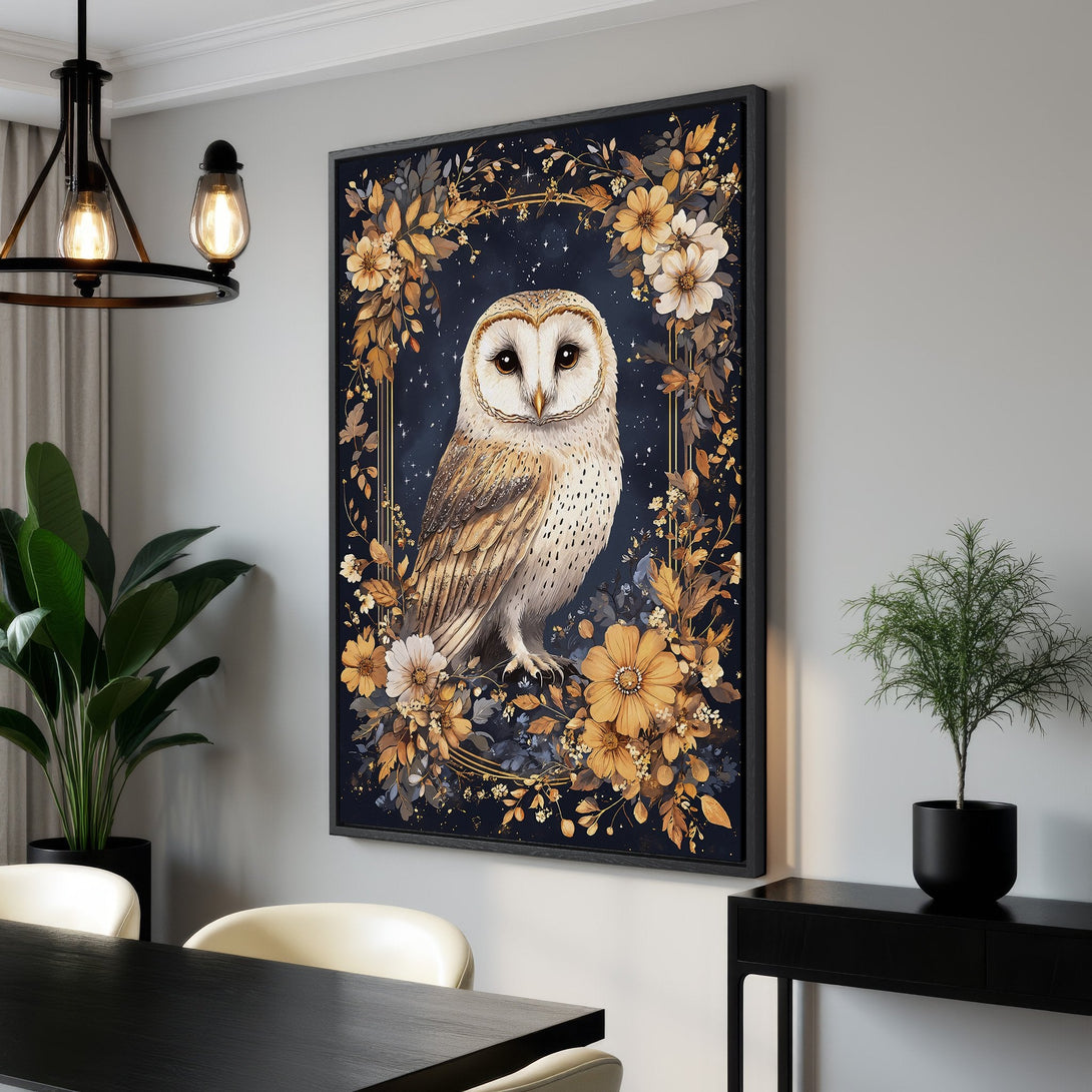 Framed Wall Art: Majestic owl canvas print with a floral frame. Featuring a dark blue background, gold & beige color palette, perfect for adding elegance to any room.