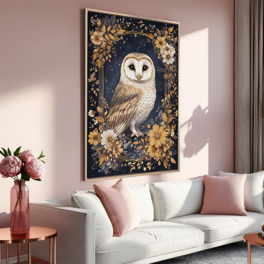 Framed Wall Art featuring a majestic owl in a floral wreath. Warm gold and navy color palette adds elegance to any room. Perfect for living room decor.