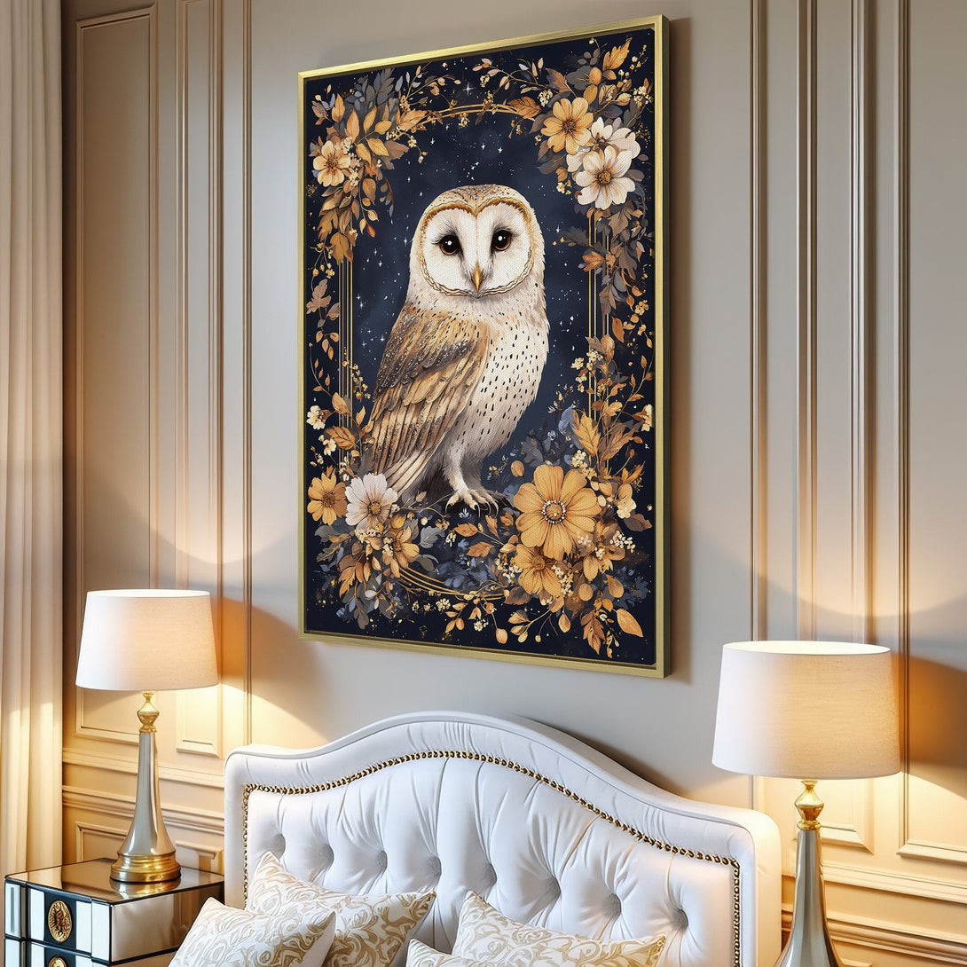 Framed Wall Art: Majestic owl canvas print with floral accents. Features a watercolor style and a warm, earthy color palette. Perfect for home decor.