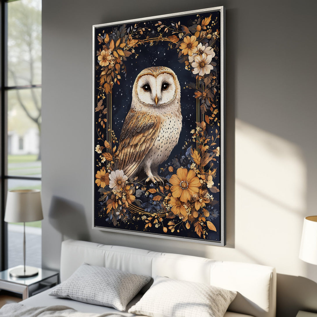 Framed Wall Art featuring an owl in a floral design, with a dark blue and gold color palette, perfect for adding a touch of nature to your home decor.
