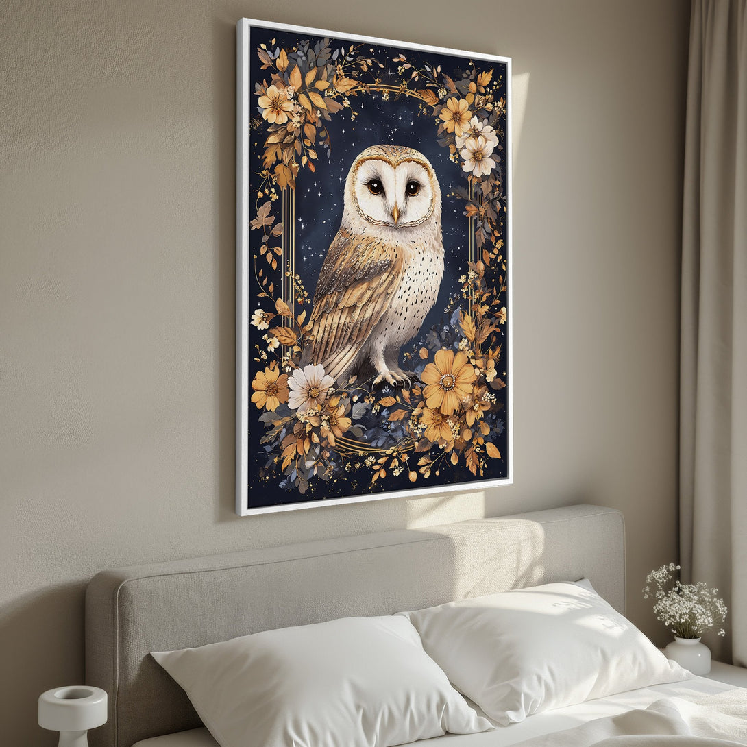 Framed Wall Art featuring a majestic owl surrounded by floral elements in a dark, moody style with gold and neutral tones. Perfect for any room!