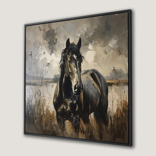 Framed Wall Art: Majestic horse painting in neutral tones. Impressive canvas print featuring a black horse in a field, perfect for rustic decor.
