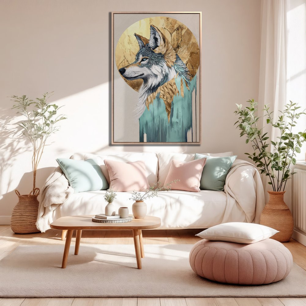 Framed Wall Art: Wolf portrait with gold accents, teal & neutral palette. Modern canvas print for living room decor.