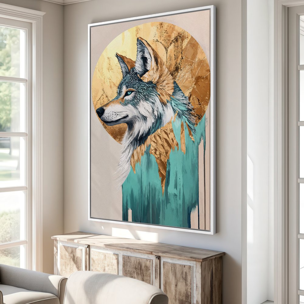 Framed Wall Art: Majestic wolf portrait in teal, gold, and beige. Modern canvas print adds a touch of wilderness to your home decor.