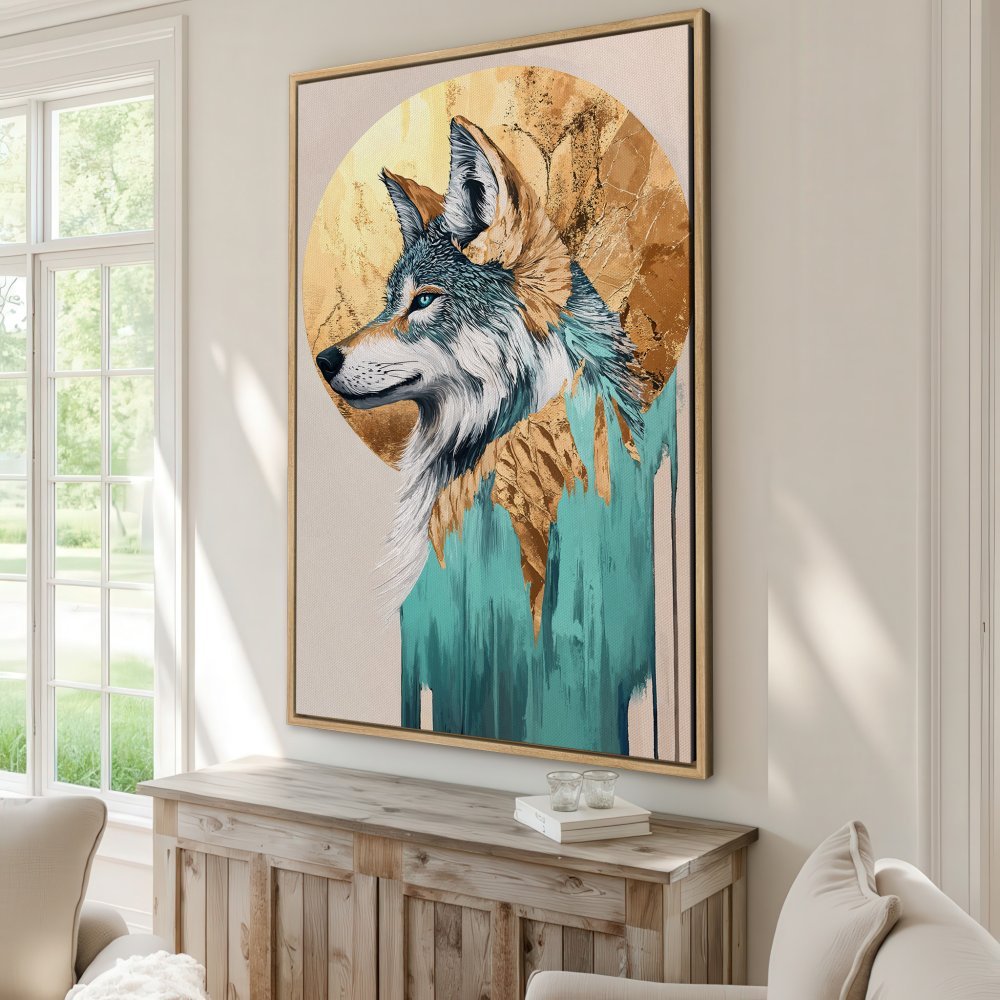 Framed Wall Art: Majestic wolf portrait in teal, gold, and neutral tones. Add a touch of modern art to your home decor.