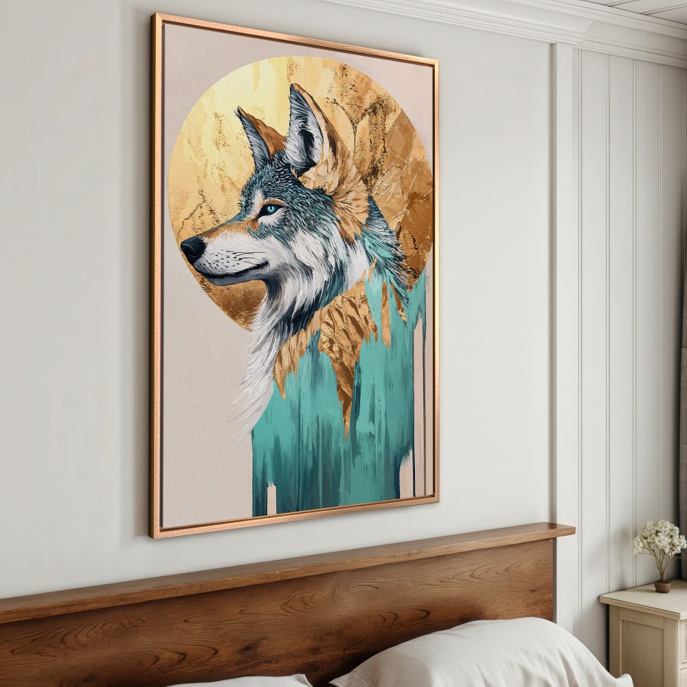 Framed Wall Art: Majestic wolf portrait in teal, gold, and neutral tones. Modern canvas print adds a touch of nature to your home decor.