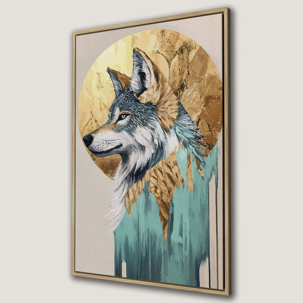 Framed Wall Art: Majestic wolf portrait with gold accents and teal/neutral color palette. Elevate your space with this stunning canvas print!