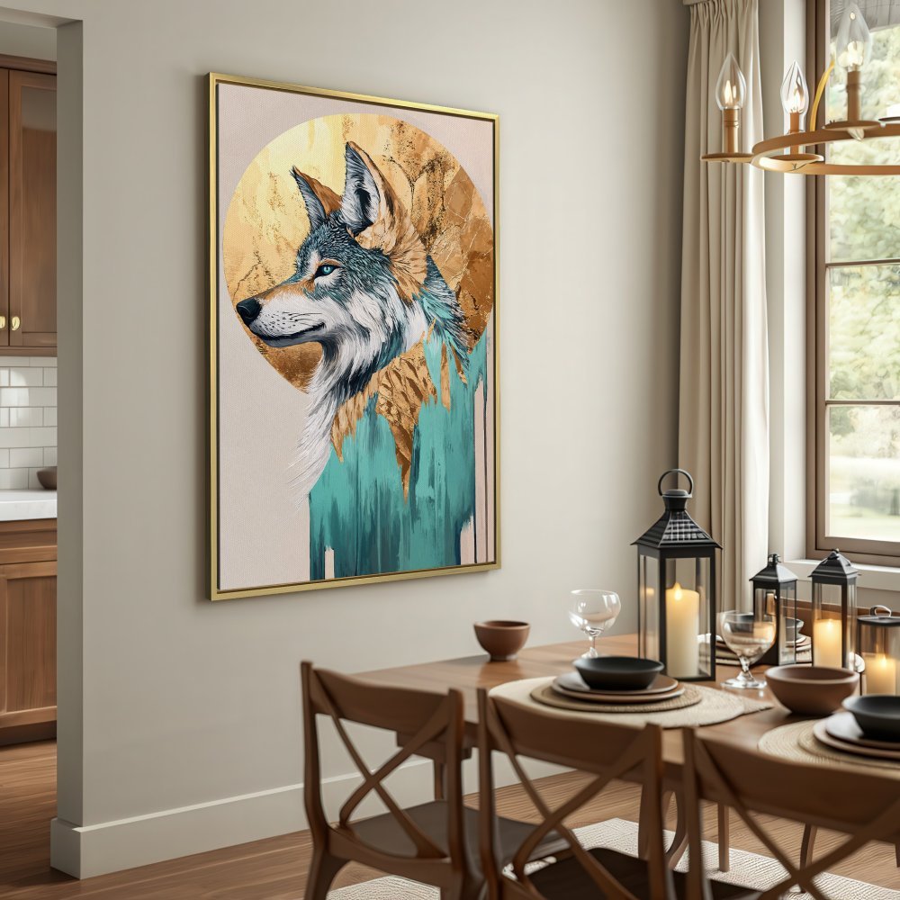 Canvas Print featuring a majestic wolf art piece. Modern design with teal, gold, and neutral tones. Perfect wall decor!