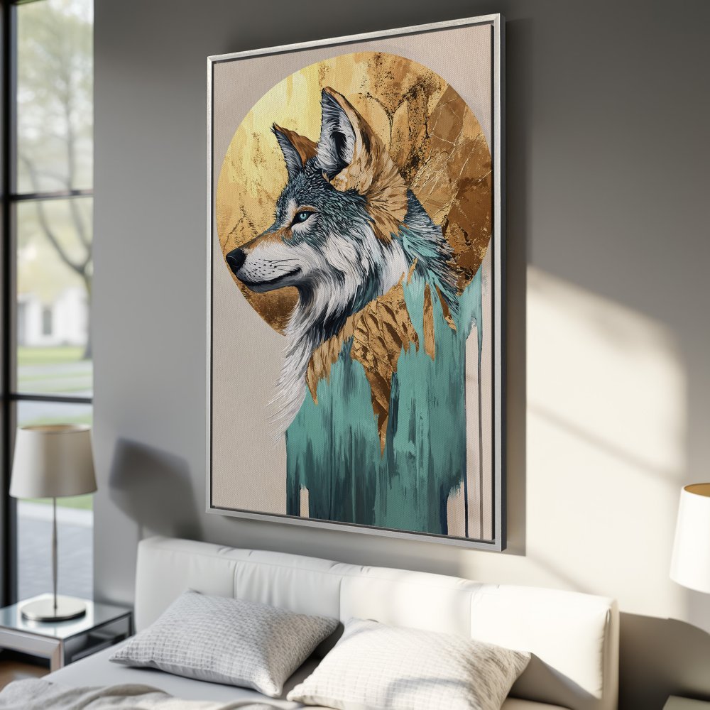 Framed Wall Art: Majestic wolf portrait in teal, gold, and neutral tones. Modern art print perfect for bedroom decor.