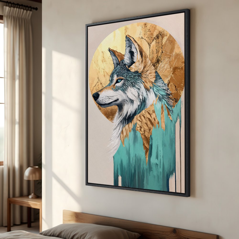 Framed Wall Art: Majestic wolf portrait with gold accents and teal details. Stunning Canvas Print in a modern, artistic style. Perfect home decor!