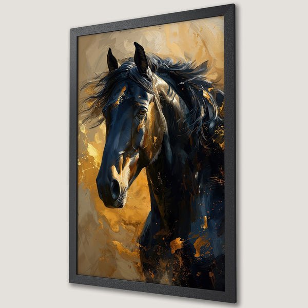 Framed Poster of a majestic black horse, in an expressive, painterly style with a gold and ochre color palette. Perfect wall art!