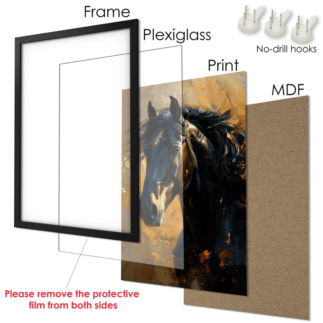 Framed Poster of a majestic horse in a painterly style with a gold and black color palette. Perfect art for your home!