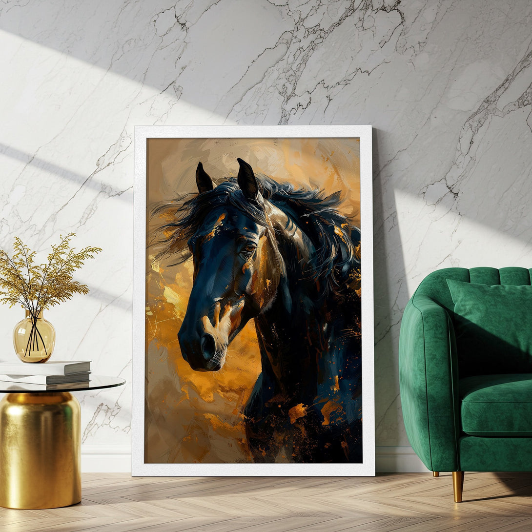 Framed Poster featuring a majestic black horse. Abstract art style with a gold and dark blue color palette. Perfect wall decor!
