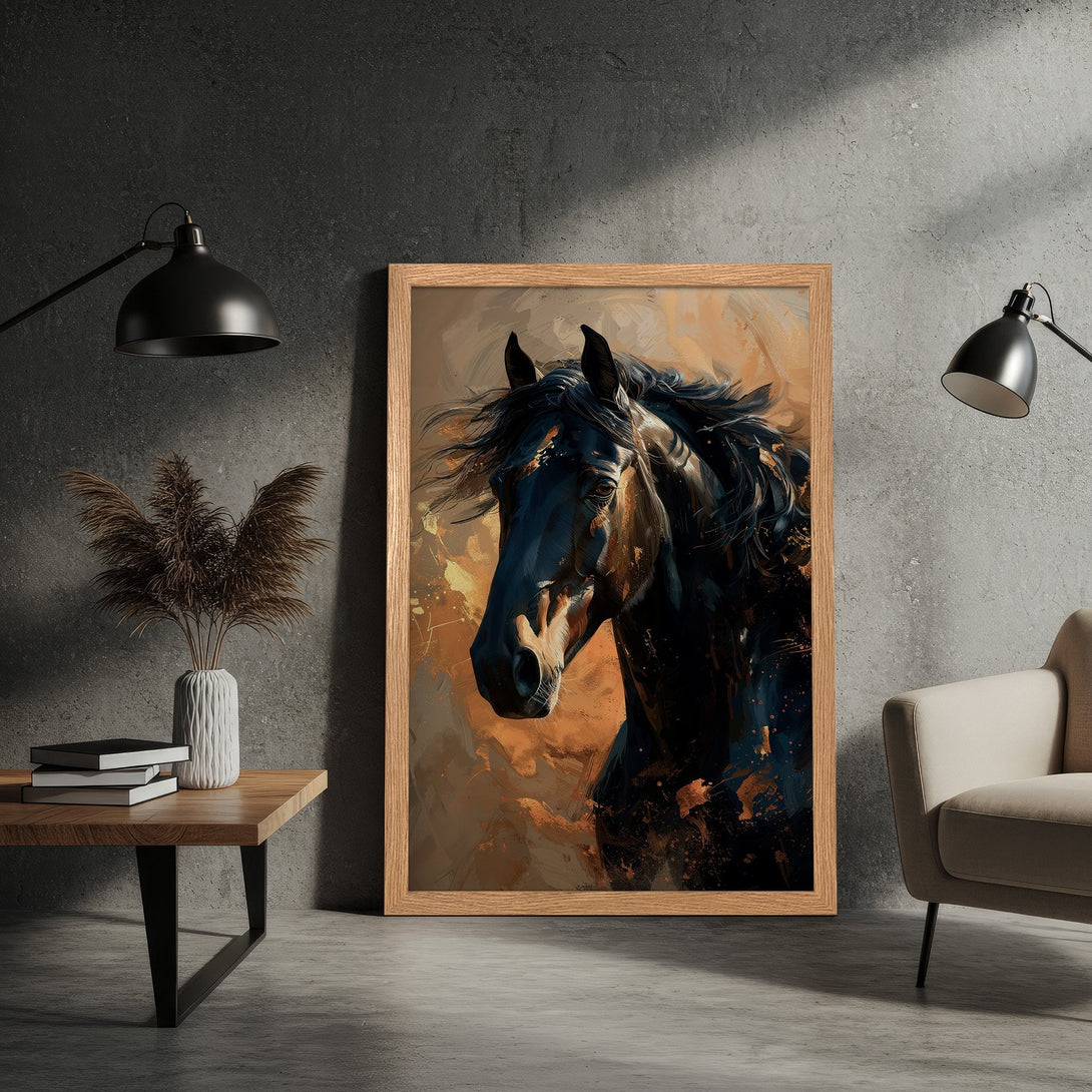 Framed Poster featuring a black horse in an expressive, painterly style with a warm, earthy color palette. Perfect wall art!
