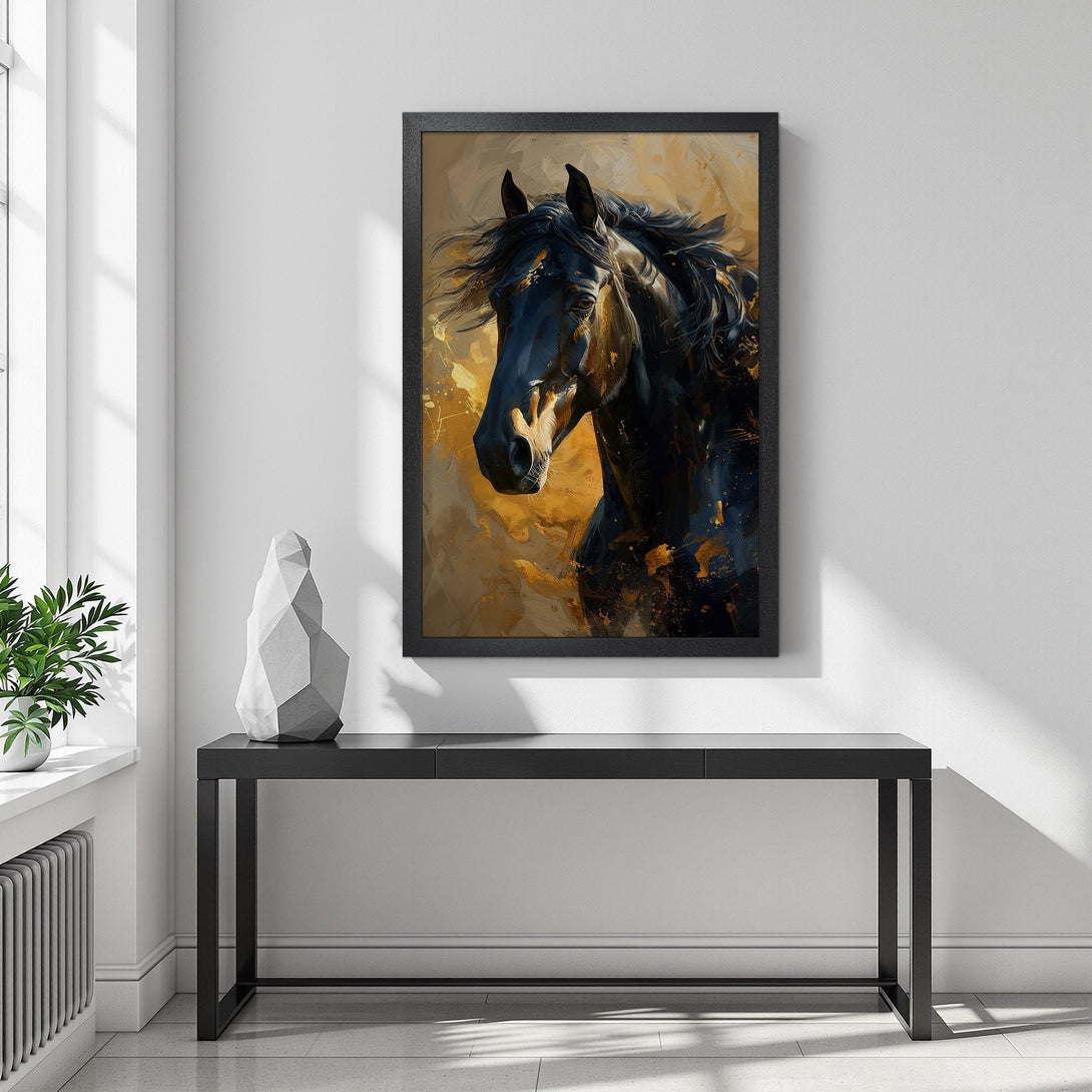 Framed Poster featuring a majestic black horse, painted in an expressive style with gold and dark blue accents. Elevate your space with this stunning artwork.