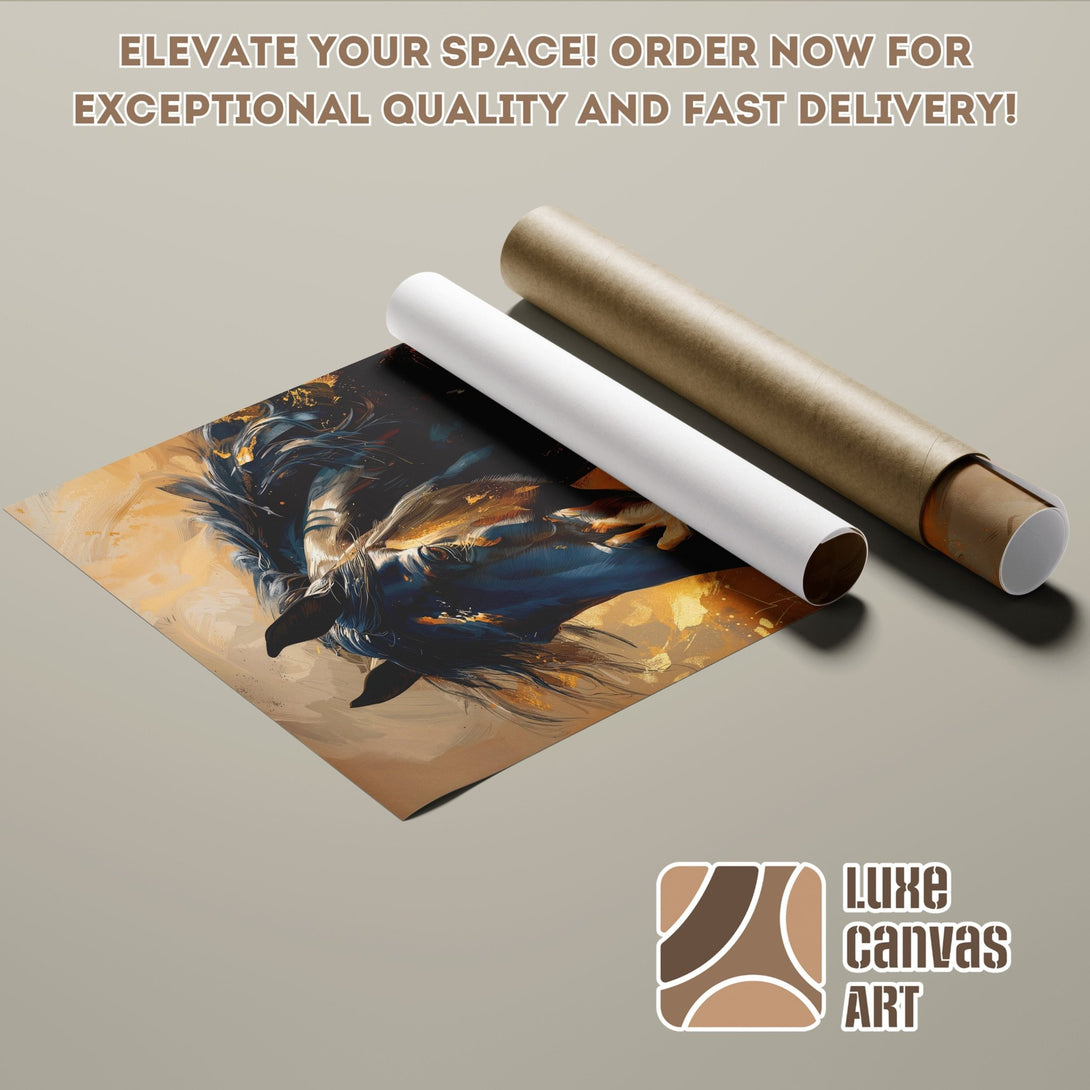 Abstract horse art poster roll, warm gold and navy color palette. Elevate your space with Luxe Canvas Art! Order now for fast delivery.