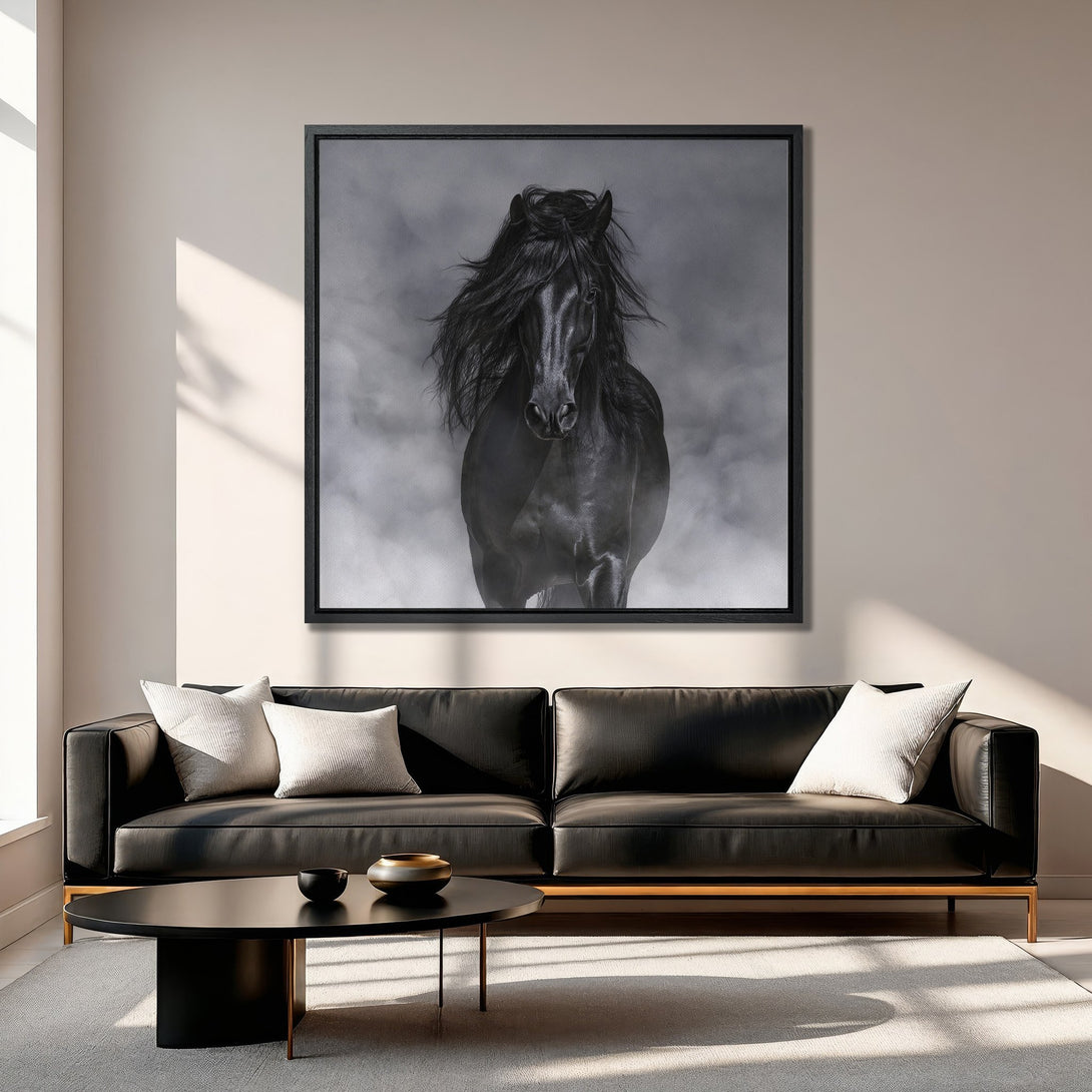 Framed Wall Art: Majestic black horse canvas print in a modern living room. Dramatic black and white artwork with a touch of elegance.