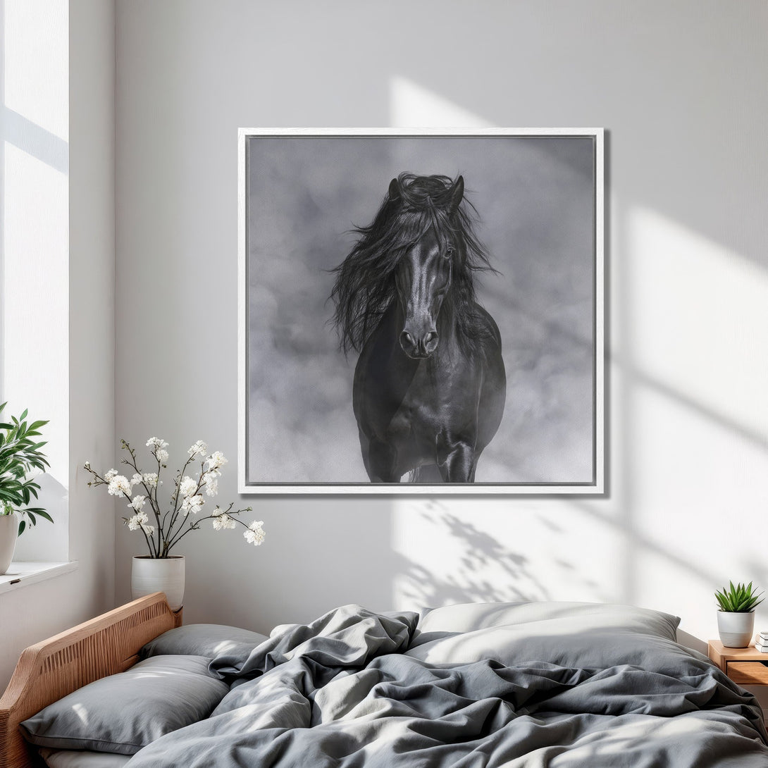 Framed Wall Art: Majestic black horse canvas print in a modern bedroom. Dramatic grayscale artwork adds elegance and style. Perfect home decor!