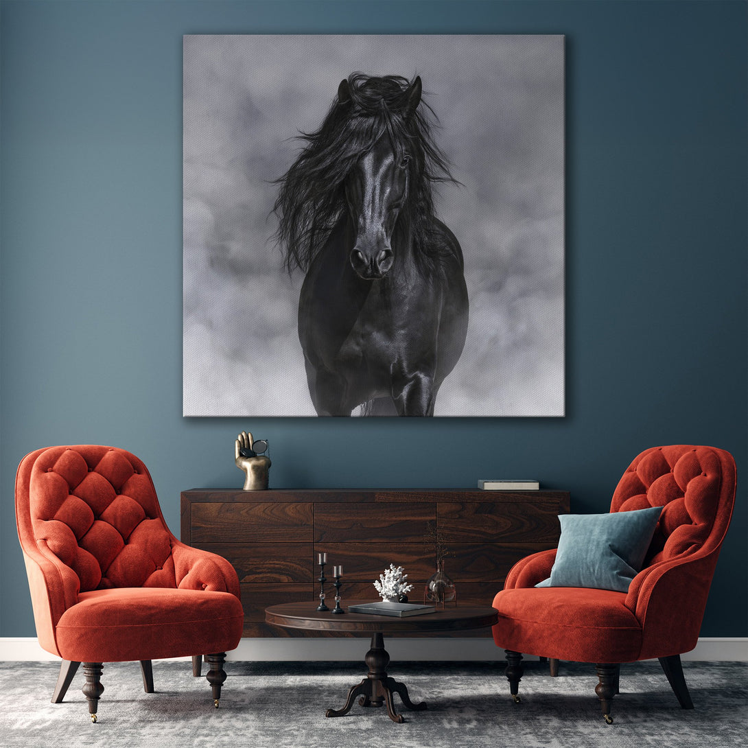 Framed Wall Art: Majestic black horse print in a gold frame. Dramatic, monochrome style with a touch of elegance. Perfect for modern home decor.