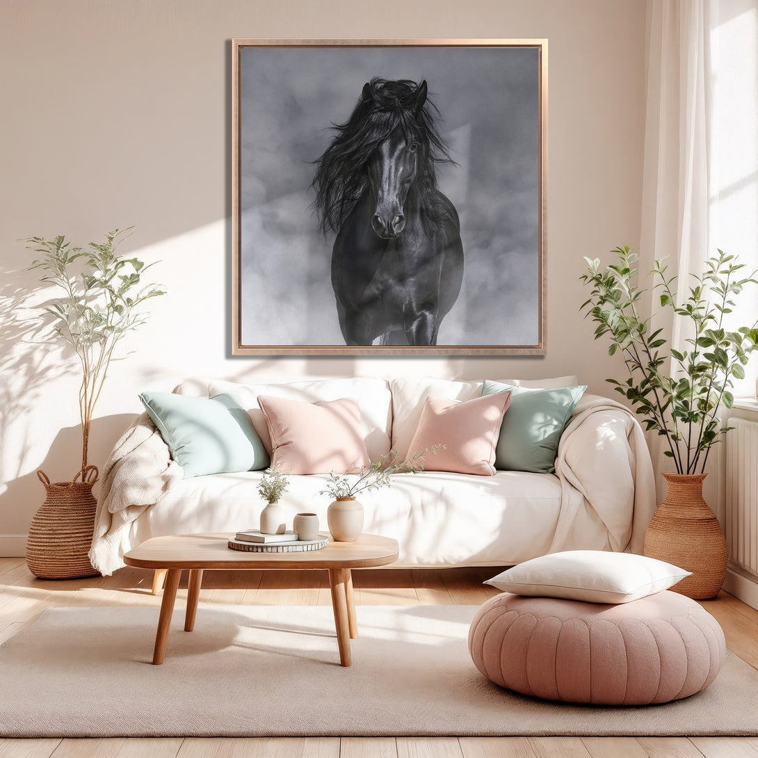 Framed Wall Art: Majestic black horse canvas print in a modern, neutral interior. Featuring a grayscale image with a soft, warm color palette.