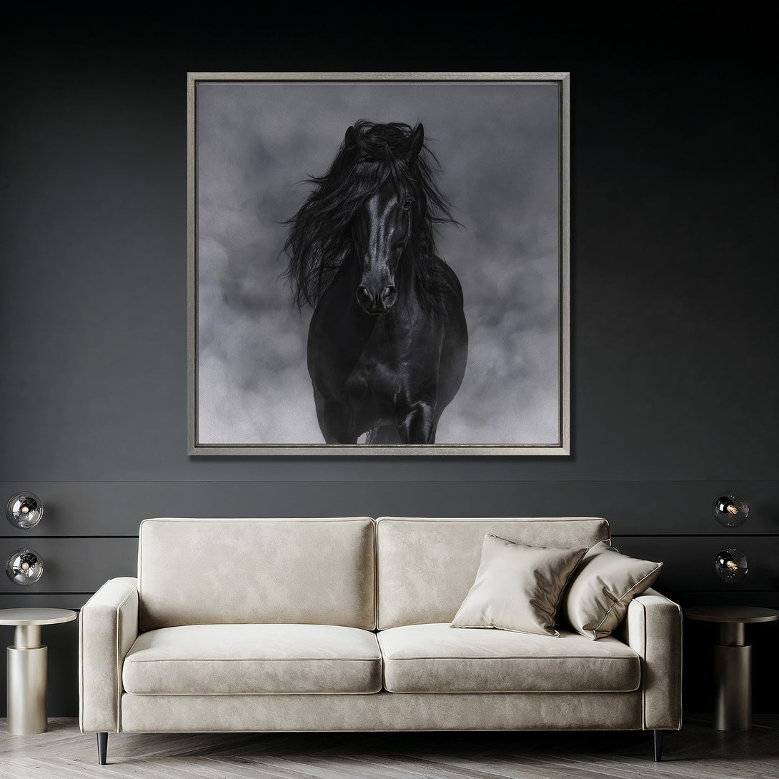 Framed Wall Art: Stunning black horse canvas print in a modern interior. Monochrome color palette, perfect for adding elegance to your home decor.
