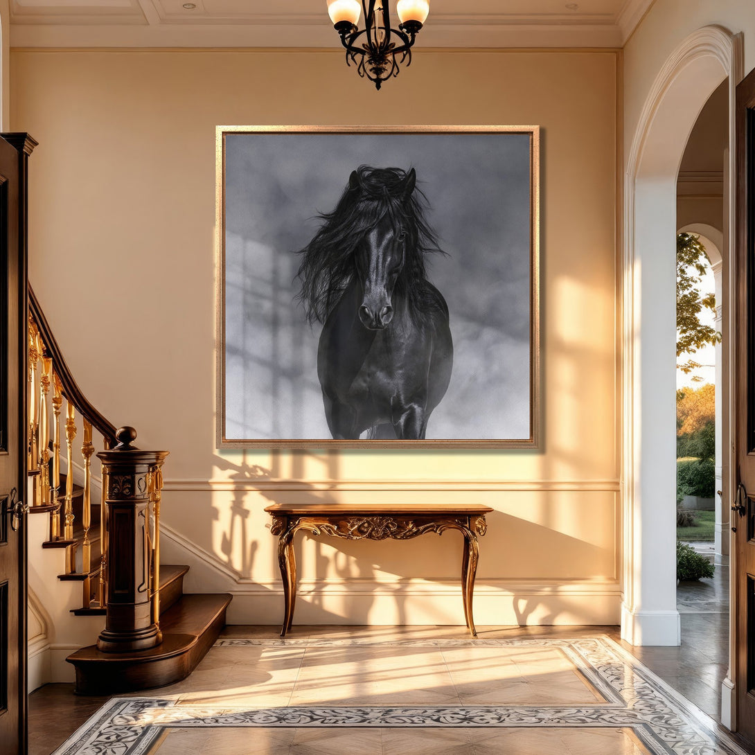 Framed Wall Art: Majestic black horse canvas print in a luxurious interior. Dramatic monochrome art with a golden frame, adding elegance to any space.