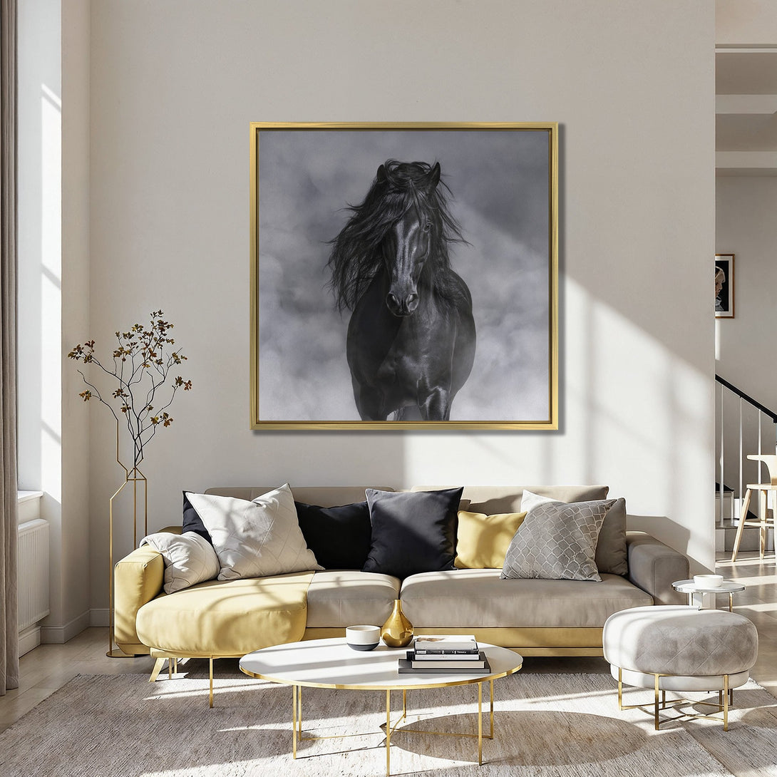 Canvas Print of a majestic black horse. Dramatic black and white artwork with a touch of color in a modern interior. Perfect wall decor!