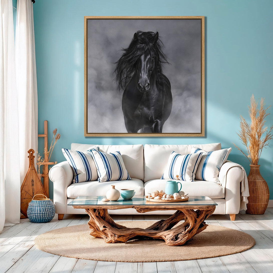 Framed Wall Art: Majestic black horse canvas print in a modern living room. Dramatic grayscale art with teal and natural tones. Perfect home decor!