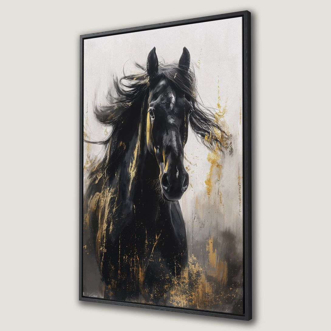 Framed Wall Art featuring a majestic black horse. Abstract style with gold and neutral tones. Perfect for modern home decor.