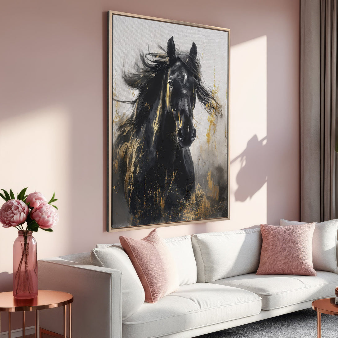 Framed Wall Art: Stunning black horse painting with gold accents. Adds elegance to any space. Features a soft pink and gold color palette. Perfect for home decor.